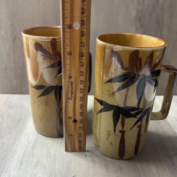 Vintage Hand-Painted Ceramic Bamboo Design Tall Mugs With Handles Set of 2 - Picture 5 of 5